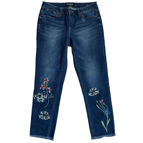 Max Jeans Size 4 Straight Crop Floral Embroidery Raw Hem Distressed Denim Jeans - Picture 1 of 11